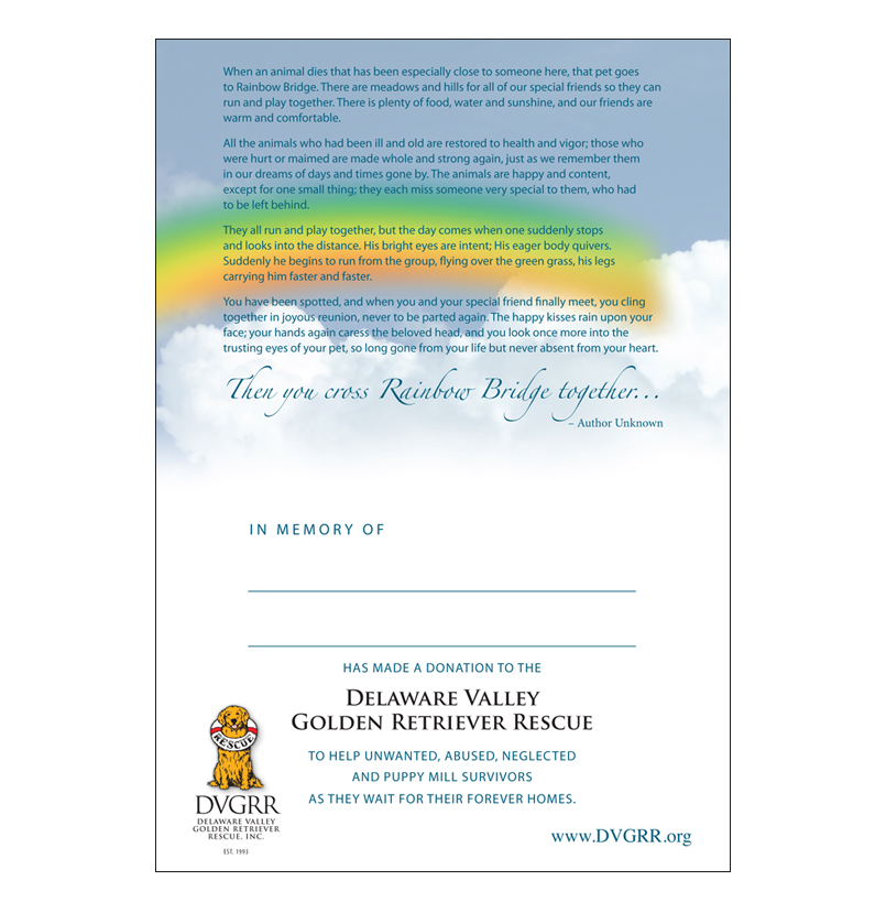 *Donation Greeting Card/ Rainbow Bridge (In Memory of a Pet) (The amount of your donation is fully tax deductible) - Image 3